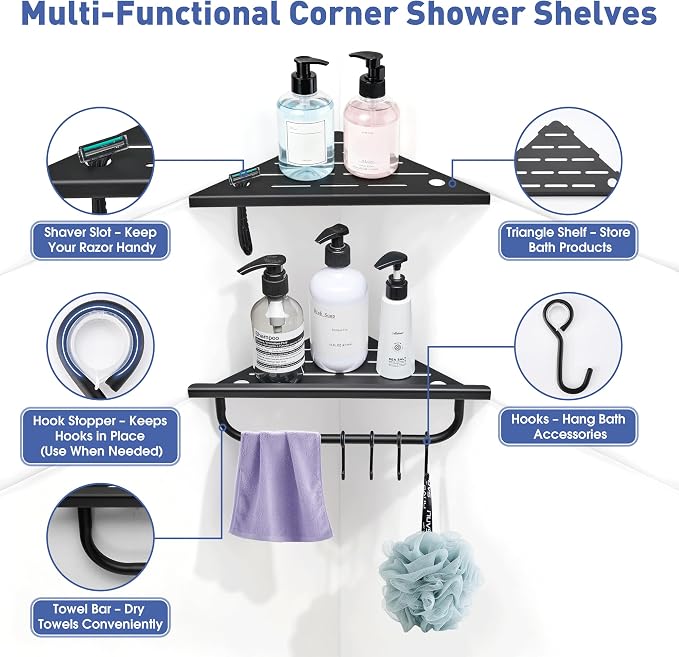 Corner Shower Shelf, 10'' Shower Corner Shelf with Towel Bar & Hooks, 304 Stainless Steel Recessed Bathroom Shelves, No Drilling for Tiled Wall, 2-Pack (Matte Black)