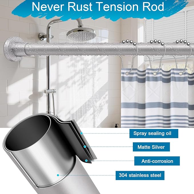 YNL Silver Shower Curtain Rod 32-80 Inch(2.7-6.6ft), Non Slip, Never Rust, No Drill Stainless Steel Spring Tension Shower Rod, Telescoping Curtain Rod for Bathroom Window Living Room