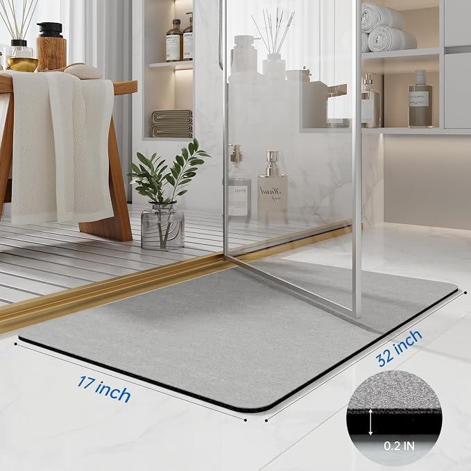 Bath Mat Rugs 32x17 - Diatomaceous Earth Bath Mat Quick Dry Absorbing Bathroom Rugs Rubber Non Slip Thin Bathroom Mat Fit Under Door, Bath Mats for Bathroom Floor, Tub and Shower, Sink, Grey