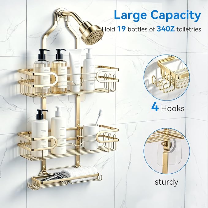 Shower Caddy Hanging, Over Head Shower Caddy Shower Storage Rack Basket with Hooks for Razor and Sponge Rustproof, No Drilling, Accessories for Bathroom and Kitchen, Gold
