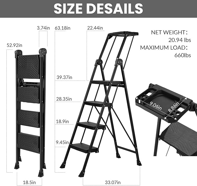 XinSunho 4 Step Ladder, Foldable Handrail & Tool Tray Stool Ladders with Anti-Slip Wide Pedal, 660 lbs Sturdy Steel Ladder for Home Kitchen and Outdoor