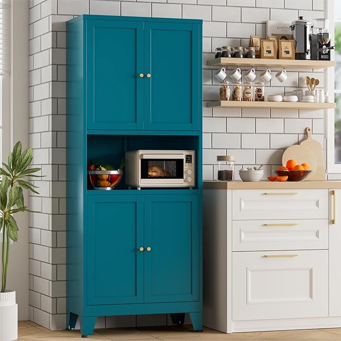 Bevivog Tall Pantry Cabinet with Microwave Shelf, 69" Metal Storage Cabinet with 4 Doors and Adjustable Shelves,Freestanding Metal Kitchen Hutch Cabinet, Blue Pantry Closet Storage Shelves with Doors