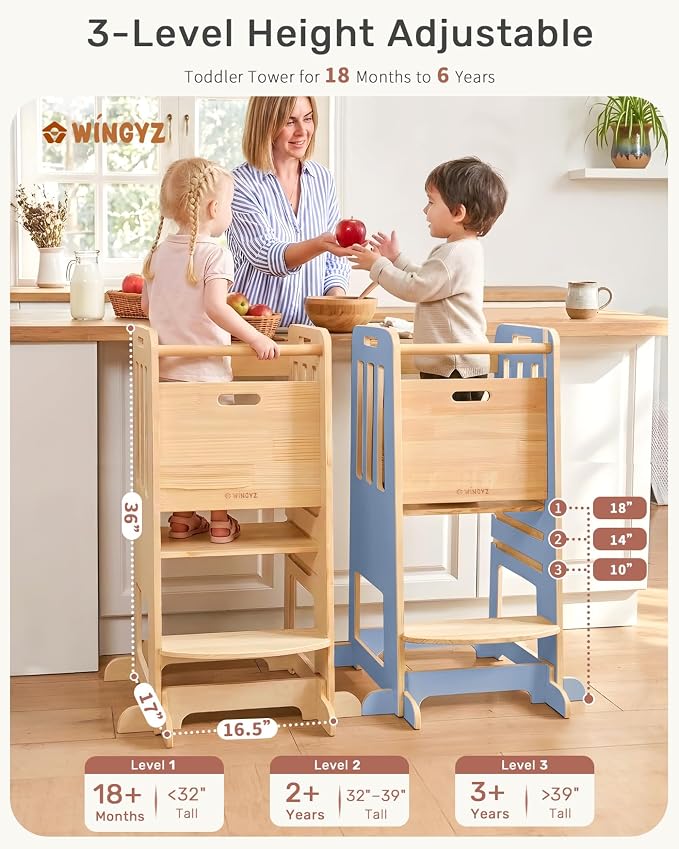 WINGYZ Toddler Tower - Anti-Tip Natural Wood Learning Stool for Kids 18M-6Y, 150lb Capacity Kitchen Stool with 3-Height Adjustable Platform and Sliding Door Access, 20lb Portable Design, Blue
