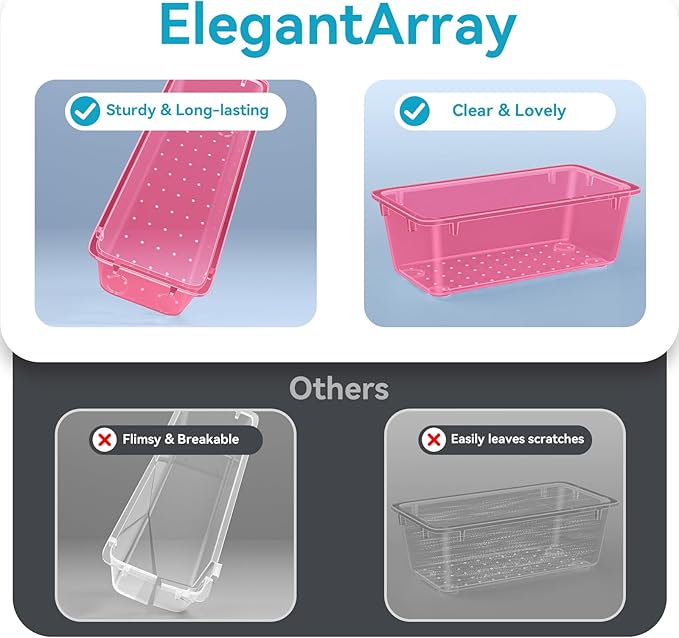 ElegantArray 12 PCS Drawer Organizer Set, 4 Sizes Tool Storage Trays, Clear Plastic Makeup Vanity Organizer and Storage Bins for Stationeries, Multiple Gadgets for Office, Bedroom, Pink