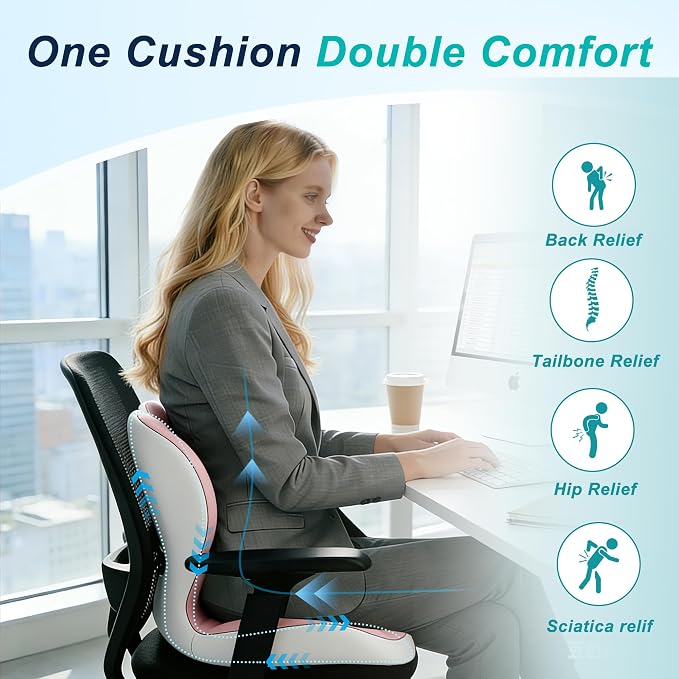Seat Cushion for Office Chair and Car, Lumbar Support Pillow for Office Chair, Memory Foam Ergonomic Seat Cushion for Long Sitting, Back & Tailbone Pain, Sciatica - Pink & Gray