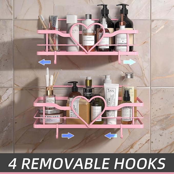 Pink Shower Caddy with 4 Removable Hooks, 2 Pack Sweet Heart Shower Shelves,No Drilling Adhesive Organizer Shelf for Bathroom Shower,Kitchen,Bedroom