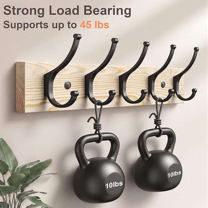 Optish 1 Pack Wooden Coat Rack Wall Mount, 16.1" Rustic Coat Hanger Hooks with 5 Double Hooks, Wall Coat Rack for Hat, Clothes, Bags, Jacket, Natural Wood