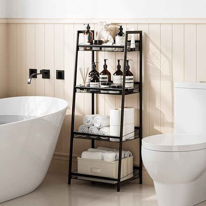Masupu 4 Tier Bathroom Shelf, Bathroom Organizer and Storage for Small Space, Free-Standing Metal Rack Shelves Waterproof for Kitchen, Bathroom, Laundry, Toilet, Black