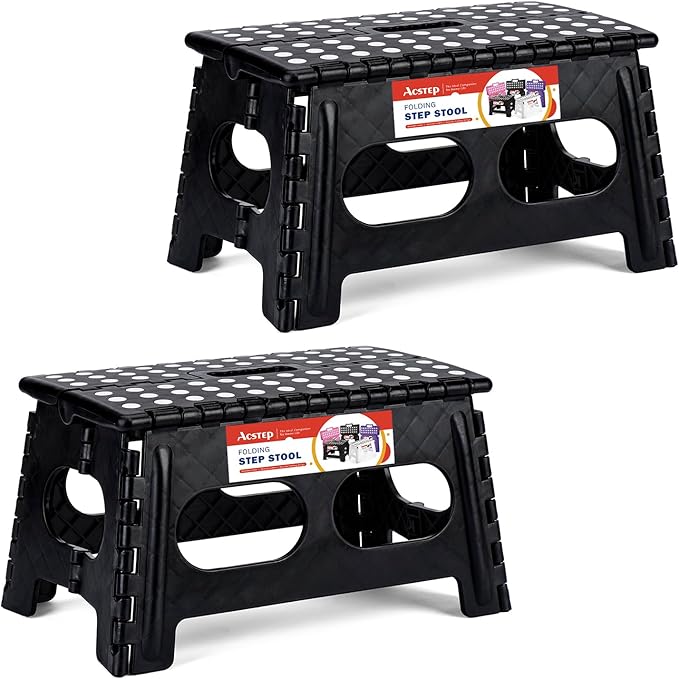 ACSTEP Foldable Step Stool for Kids and Adults,15-Inch Extra Wide 9-Inch Height (2 Pack) More Safe and Comfortable Holds Up to 300 lbs Folding Step Stool for Bathroom, Garden, Kitchen（Black）