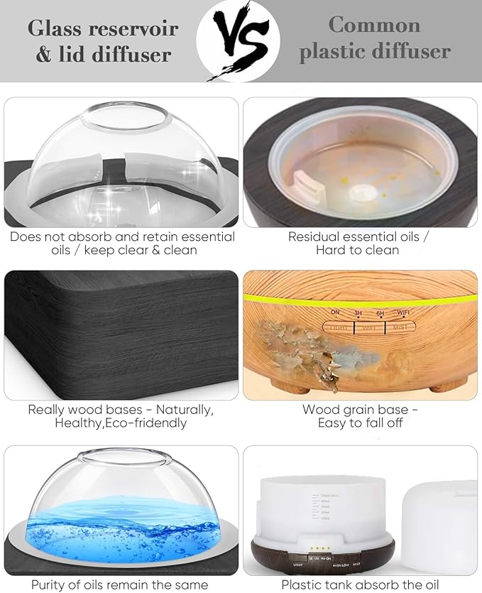 Glass Dome Essential Oil Diffuser with Glass Reservoir & Wood Base-Plastic Free, 200ml Ultrasonic Diffuser for Aromatherapy with Timer 7 Color Light Auto-Off for Home Office Yoga Dark Brown