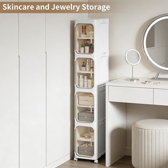 LXLXXL Narrow Storage Cabinet Slim Bathroom Storage Cabinet with Movable Wheels Tall Bathroom Organizer Skinny Cabinet for Small Spaces，2-Tier White
