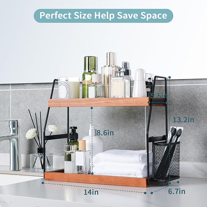 Bathroom Counter Organizer, 2-Tier Standing Storage Shelf with Basket, Wood Tray for Skincare Vanity Organizer(Brownish)