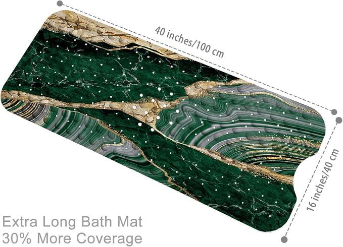 Bathtub Mat Non Slip, 40x16 inch Bath and Shower Safety Mats, Green Marble and Golden Veins Tub Mat for Bathroom, Tub Shower Mat with Drain Holes and Suction Cups