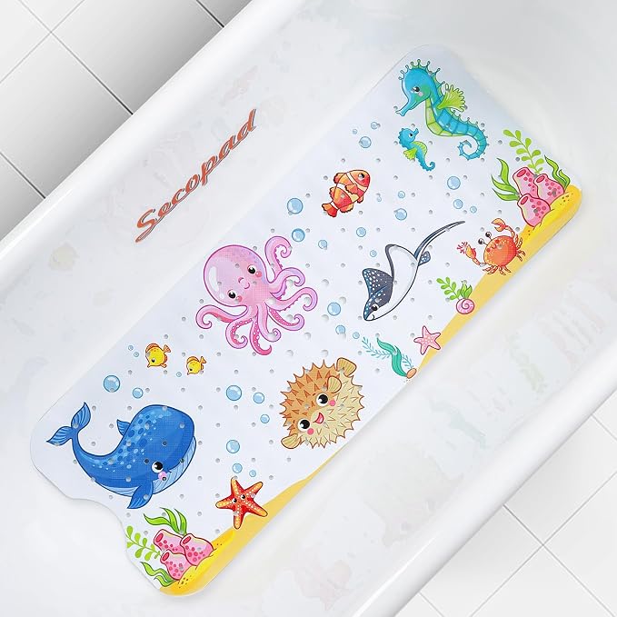 Secopad Bath Mat for Tub Non Slip, Machine Washable Anti-Slip Cartoon Baby Bathtub Shower Mat with Drain Holes and Suction Cups for Toddler & Kids (40 Inch x 16 Inch-Rectangular, New-Octopus)