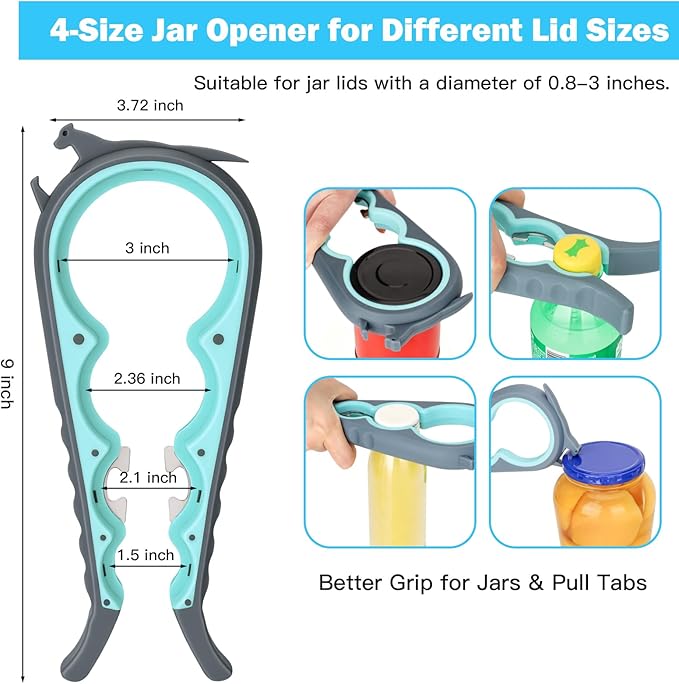 Jar Opener Set - 6-in-1 Adjustable Jar Opener Can Opener, 4-in-1 Bottle Opener Lid Opener & Rubber Jar Gripper, Multifunctional Kitchen Gadget for Seniors, Arthritis, Weak Hands (Blue&Grey)