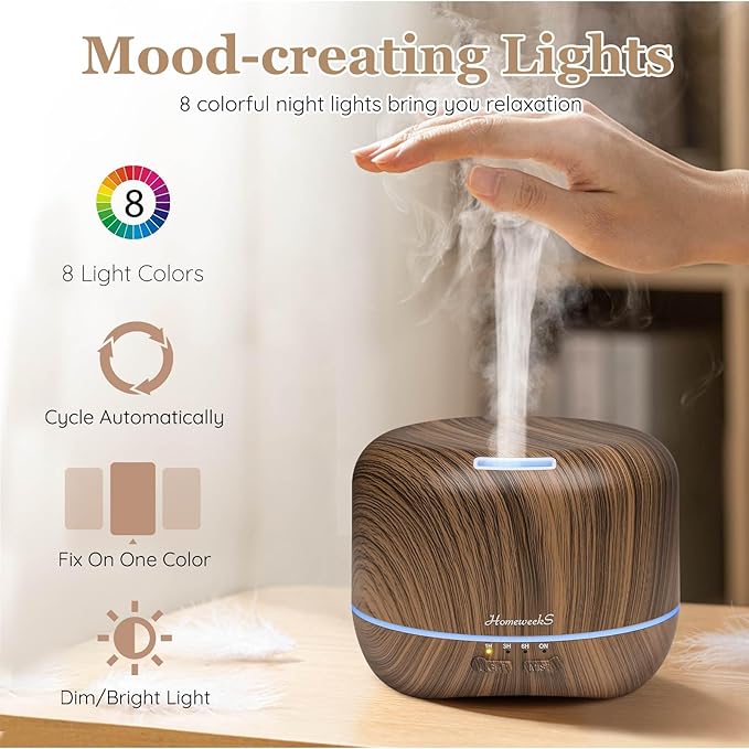 Aromatherapy Essential Oil Diffuser for Room: Air Humidifier Aroma Scent Cool Mist Diffuser Colorful Lights Wood Cute Small Large Auto Off Ultrasonic Diffusers for Home Bedroom (300ml)