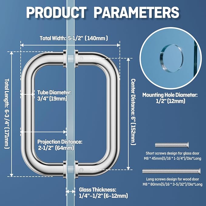 Ranbo Polished Chrome 6" （CTC） Tubular Back-to-Back Shower Door Handle，3/4" Diameter Pull Handles with Metal Washers, for 1/4"- 1/2" Thick Glass and 1-3/8" - 2-1/6" Thick Wooden or Metal Doors