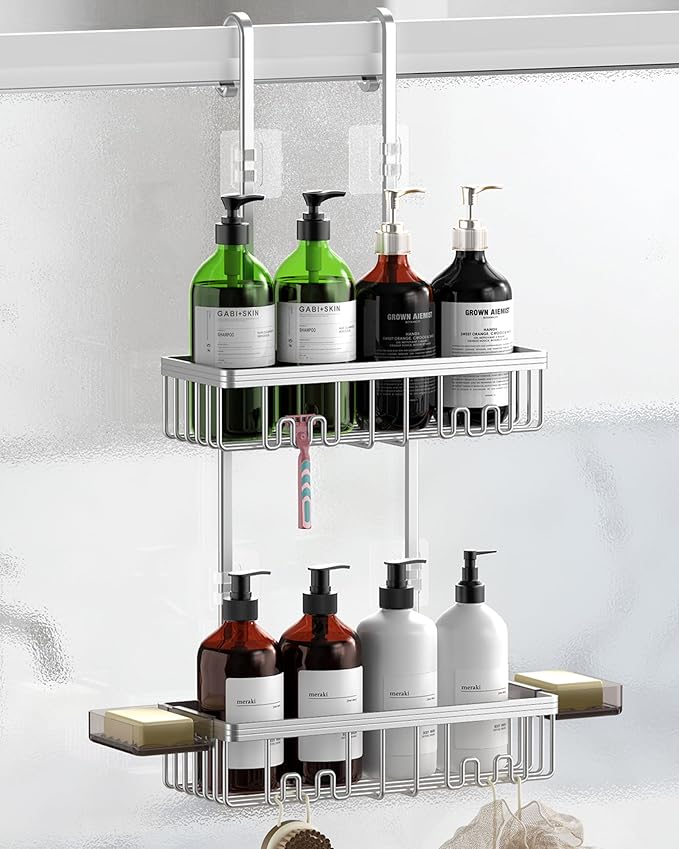 Over the Door Shower Caddy Hanging With Double Soap Holder Never Rust Aluminum Shower Shelf With 4 Hooks Hanging Bathroom Organizer No Drilling Shelves for Bathroom Storage Silver