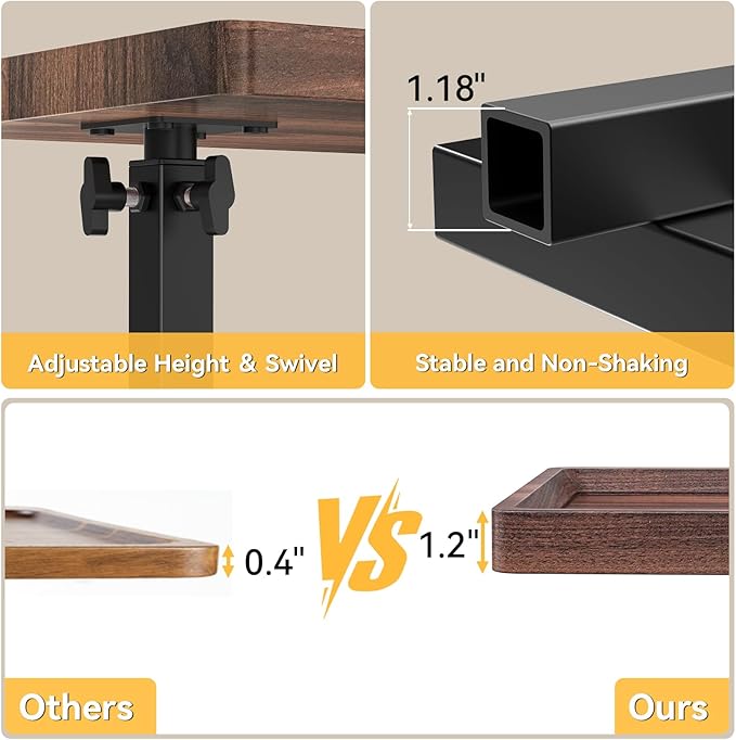 C Table End Table Adjustable Height, 360°Swivel TV Tray Table for Small Spaces, Couch Tables That slide under, C Shaped Side Tables living room and bedroom for Sofa, Bed,Chair, Snack (1, Walnut Brown)