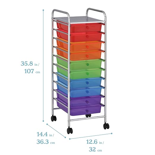 ECR4Kids 10-Drawer Value Mobile Storage Utility Cart, Craft Organizer, Assorted