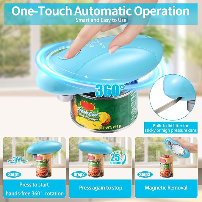 Can Opener Electric - Upgraded One-Touch Automatic, Smooth Edge, USB-C Rechargeable, Perfect for Seniors (Blue)