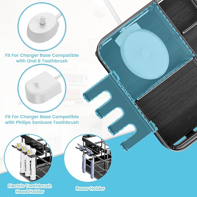 Toothbrush Holders Instant-Drying Organizer - Bathroom Countertop/Wall Mounted Electric Toothbrush Holder - Toothbrush Head Toothpaste Holder Bathroom Counter Organizers Storage Black