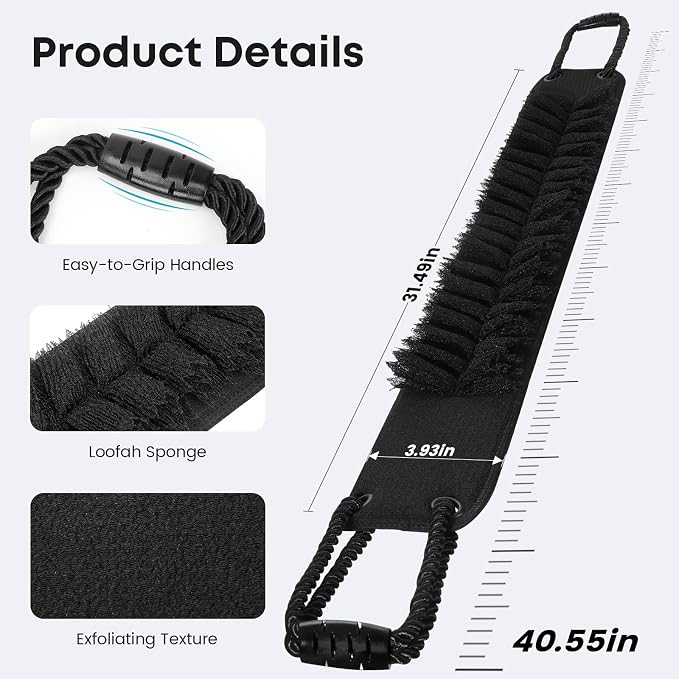 eaxun Back Scrubber with Handles for Shower, 40 Inches Dual-Sided Back Washer with Exfoliating Texture and Loofah for Men, Women and Elderly, Bath Back Exfoliator Body Cleaner for Deep Cleansing