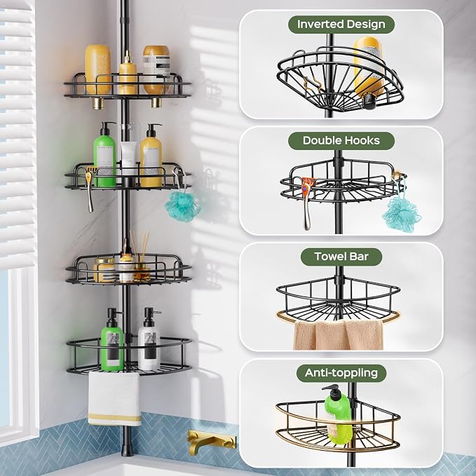 HAMITOR Shower Caddy Tension Pole: 4-Tier Rustproof Bathroom Corner Shelf Organizer for Renters - No Drill Large Shampoo Storage Rack - Adjustable 47-121 Inch - Space Saving Bathtub Accessory - Black