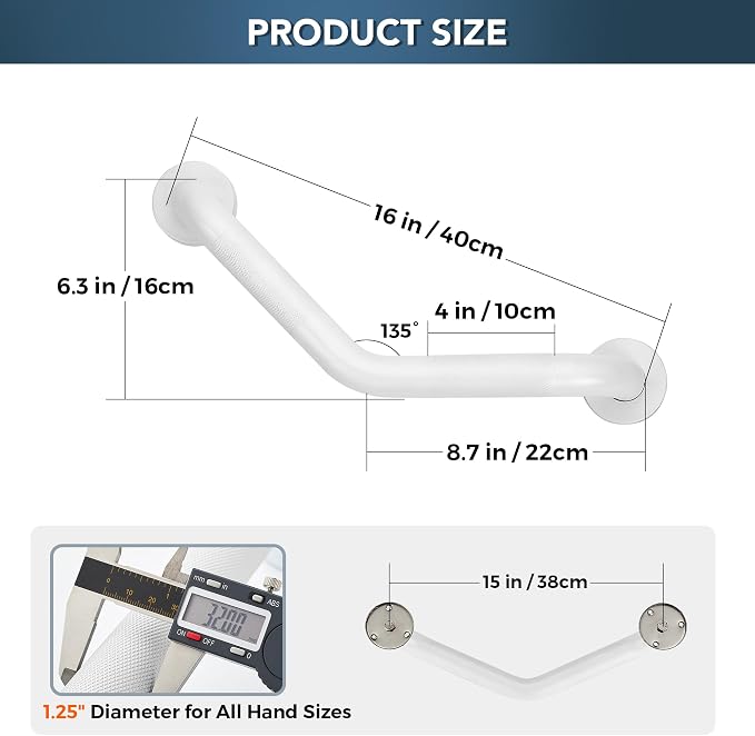 Grab Bars for Bathtubs and Showers- 1-1/4 x 16 Angled Shower Grab Bar for Seniors Knurled Stainless Steel Handicap Grab Bars for Wall (White, 1 Pack)