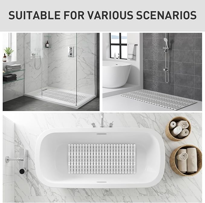 XIYUNTE Shower Mat Non Slip Bath Mat for Tub - 36 x 16 Inch Bathtub Mat Non Slip Shower Mat for Inside Shower, TPE Bath Mat with Powerful Suction Cup, Easy to Cut Bath Tub Mat, Grey