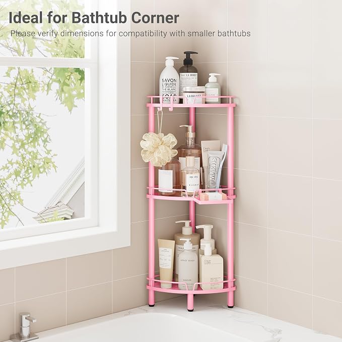 ELYKEN Corner Shower Caddy Standing, 3 Tier Rustproof Metal Shower Organizer with Soap Holder, Floor Shower Corner Shelf Rack Storage Stands with Adjustable Feet & 2 Hooks for Bathroom, Pink