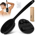Silicone Back Scrubber & Bath Glove Set 2PCS, 13.4'' Gentle Shower Back Scrubber with Dual-Side Head Non-Slip Handle, 360° Anti-Slip Hand-fit Bath Glove for Rich Foaming Deep Cleaning(Black)