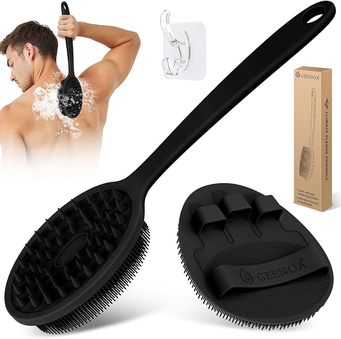 Silicone Back Scrubber & Bath Glove Set 2PCS, 13.4'' Gentle Shower Back Scrubber with Dual-Side Head Non-Slip Handle, 360° Anti-Slip Hand-fit Bath Glove for Rich Foaming Deep Cleaning(Black)