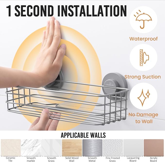 LEVERLOC Suction Cup Shower Caddy, Rustproof Shower Shelves for Inside with Hooks and Soap Holder, 2 Pack No Drill Meatl Bathroom Shower Organizer Grey