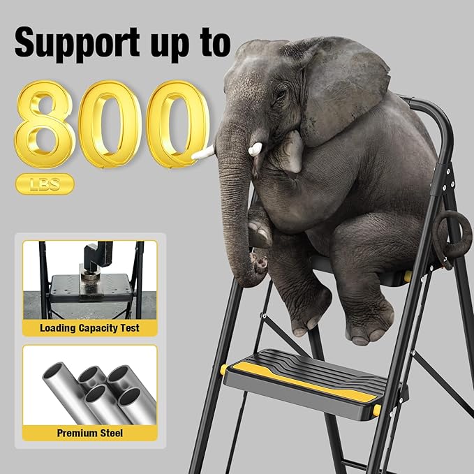Urackify 3 Step Ladder, Heavy-Duty 800lb Capacity, Wide Anti-Slip Steps & Secure Handrail Compact, Folding Step Stool Portable Design for Home, Kitchen, Office, Pantry, Closet Use, Black