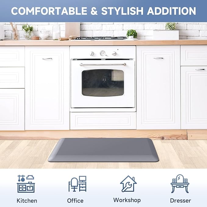 StepRite 4/5 Inch Thick Kitchen Mat Anti Fatigue Mat Kitchen Rugs Kitchen Decor Non-Slip, Stain & Water Resistant, Kitchen Mats Desk Mat for Kitchen, Office, Workshop, Grey, 17'' x 28''