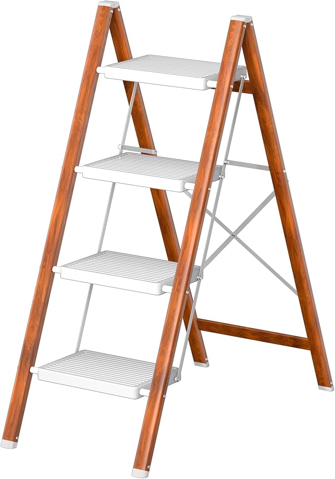 DIAMONDFORGE 4 Step Ladder, Lightweight Folding Step with Wide Anti-Slip Pedal & Feet, 330 lbs Capacity,Sturdy Steel Step Ladder for Home,Office and Library,Light Woodgrain