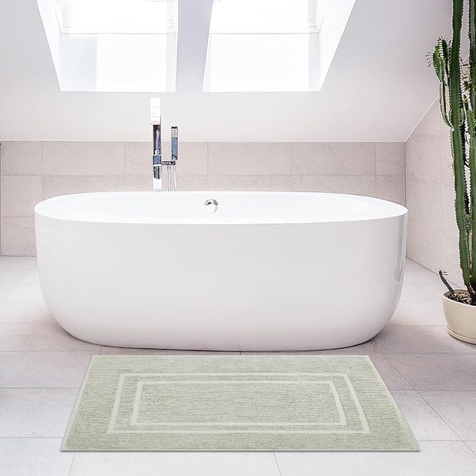 Feather & Stitch 2 Piece Towel Like Bath Mats (30x21 Inch) 100% Cotton Terry Bath Mats, Bathroom Shower Floor Mats [NOT A Bathroom Rug], Soft Absorbent Washable Mats - Silver Birch