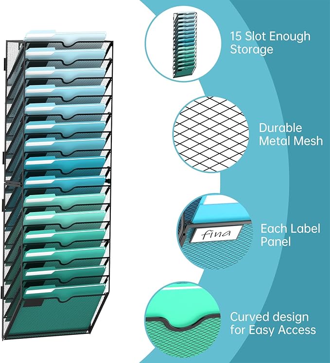 SUPEASY 15-Tier Wall File Organizer, Hanging Wall Files for Papers, Folders, Magazines, Clipboard, Wall Organizer for Office Home School Classroom, Black