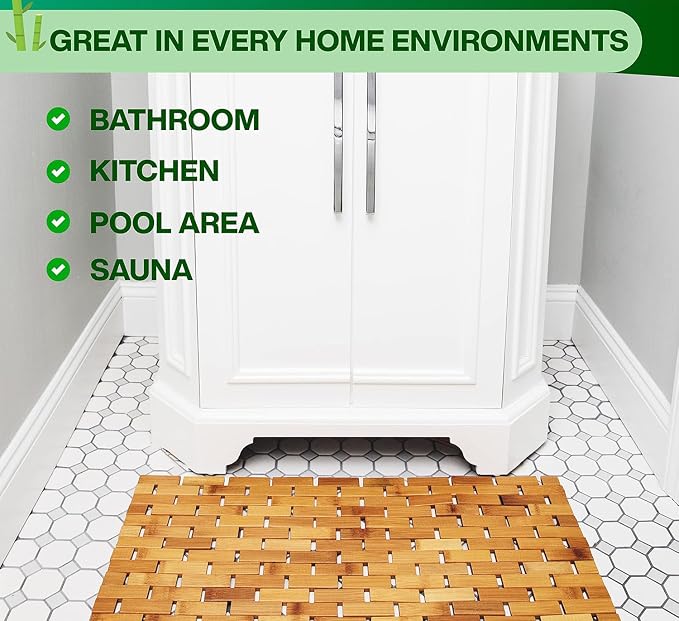 Bamboo Bath Mat - Foldable, 34x18-Inch Wood Bathmat for Bathroom Sauna Spa Door Kitchen Floor and Countertops - Modern Farmhouse Decor Accessory