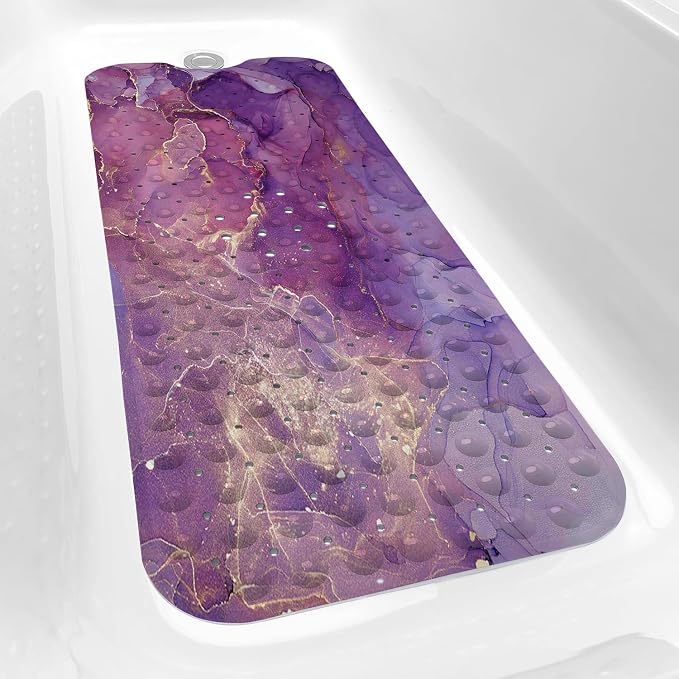 Purple Bathtub Mat Non Slip, 40x16 inch Bath and Shower Safety Mats, Shiny Abstract Marble Tub Mat for Bathroom, Tub Shower Mat with Drain Holes and Suction Cups