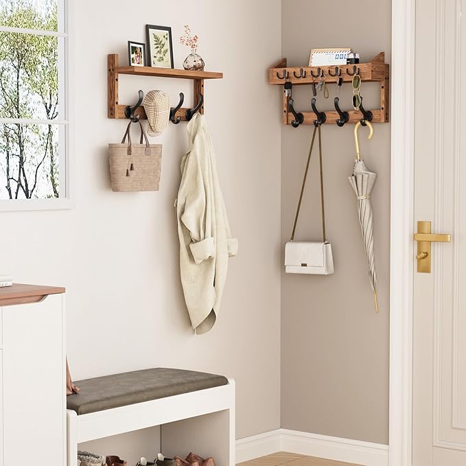 Evermagin 35" Coat Rack Wall Mount with Shelf, 4 in 1 Wall Mounted Coat and Key Hanger with 13 Hooks, Entryway Key Holder with Mail Holder for Living Room, Bedroom