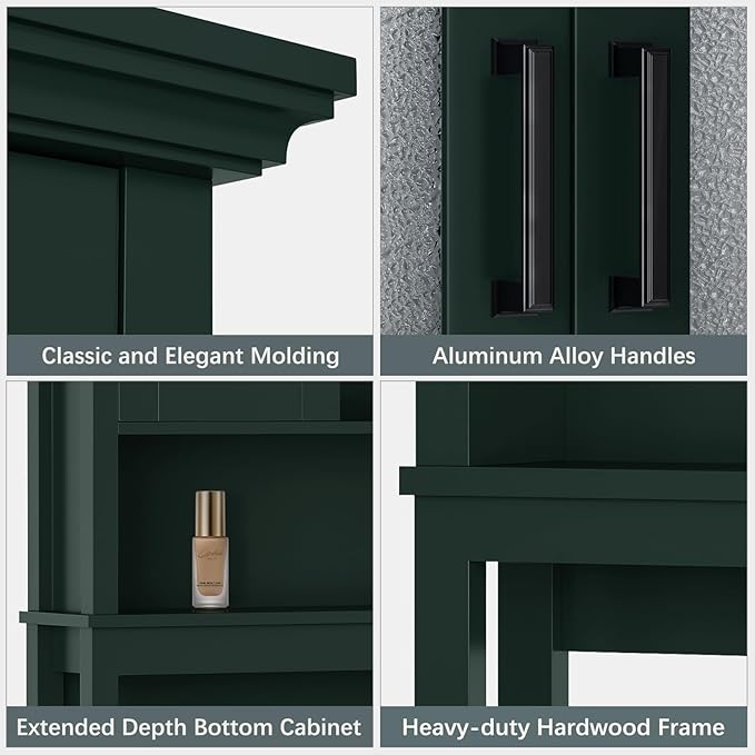 Over The Toilet Storage Cabinet, Over Toilet Storage with Glass Doors and Adjustable Shelf, Thicken Frame Above The Toilet Storage Cabinet Behind The Toilet Bathroom Organizer, Forest Green