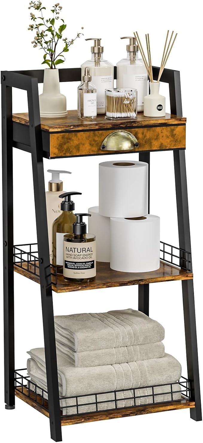 keomaisyto 3-Tier Bathroom Shelves with Canvas Drawer, Floor Bathroom Storage Shelf, Small Storage Stand Rack, Freestanding Ladder Shelf for Living Room Bedroom, Rustic Brown