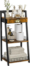 keomaisyto 3-Tier Bathroom Shelves with Canvas Drawer, Floor Bathroom Storage Shelf, Small Storage Stand Rack, Freestanding Ladder Shelf for Living Room Bedroom, Rustic Brown
