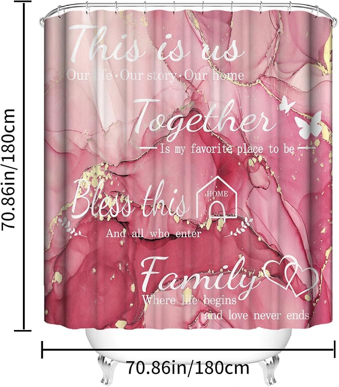 4Pcs Family Marble Shower Curtain Set,Light Pink Home Inspirational Bathroom Sets with Shower Curtain and Rugs, Bathroom Decor Set,Waterproof Bathroom Curtains Shower Set,with 12 Pcs Hooks