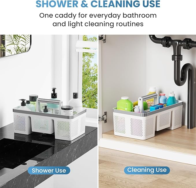 BYUNER 2Pack Plastic Shower Caddy: Portable Shower & Bathroom Caddy Tote with Handle, 4 Divided Compartments, Hard Plastic Shower Basket with All-Side Drainage for College Dorm Room Essentials