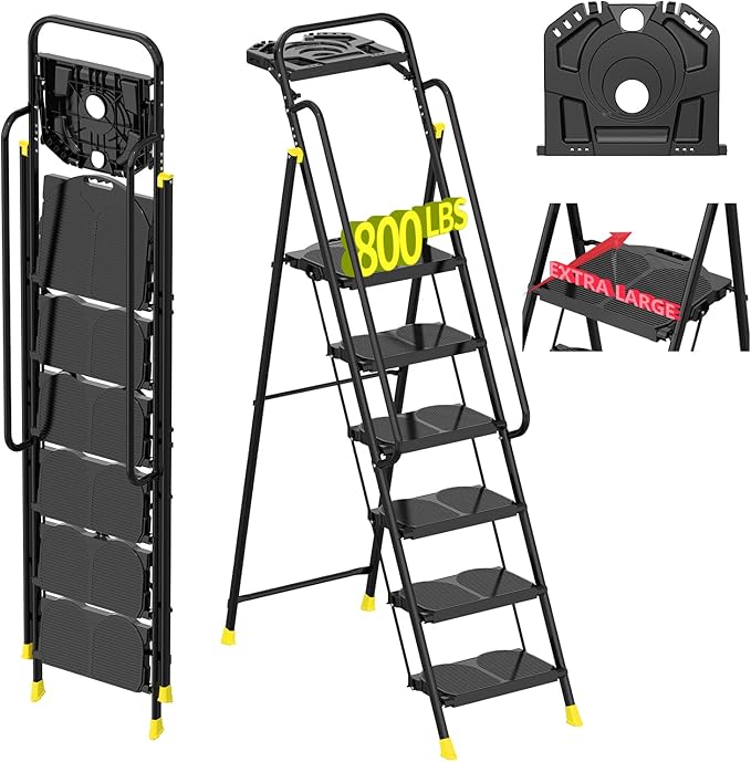 6 Step Foldable Step Ladder Stool with Roomy Tool Tray and Secure Handrail, Foldable Platform Ladder 6 Step Folding Stepstools with Wide Pedals and 800lbs Weight Capacity for Adults, Home, Kitchen
