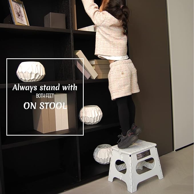 Non-Slip Folding Step Stool, Sturdy Safe Enough - Holds up to 300 Lbs - 11 inch Footstool for Adults or Kids, Folding Ladder Storage/Opens Easy, for Kitchen,Toilet,Camping (White/Gray Dot, 11'')