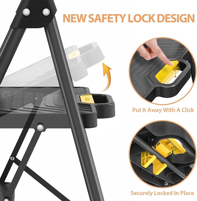 TOOLF 3 Step Ladder, Sturdy Steel Step Stool with Anti-Slip Wide Pedals, Handrail, Safe-Lock Design, Folding Portable Ladder for Multi-Purpose, Home, Kitchen, Pass 800lbs Load Testing, Black
